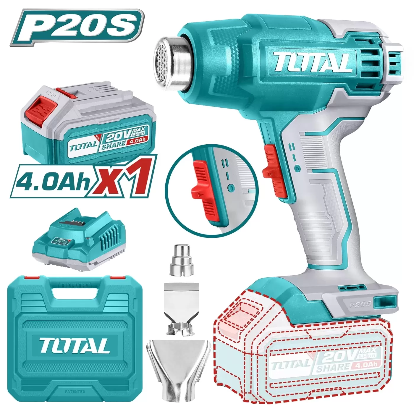 Akkus hőlégfúvó 20V/P20S/ INDUSTRIAL (SET Akkumulátor 1x4Ah, Töltő, Koffer)