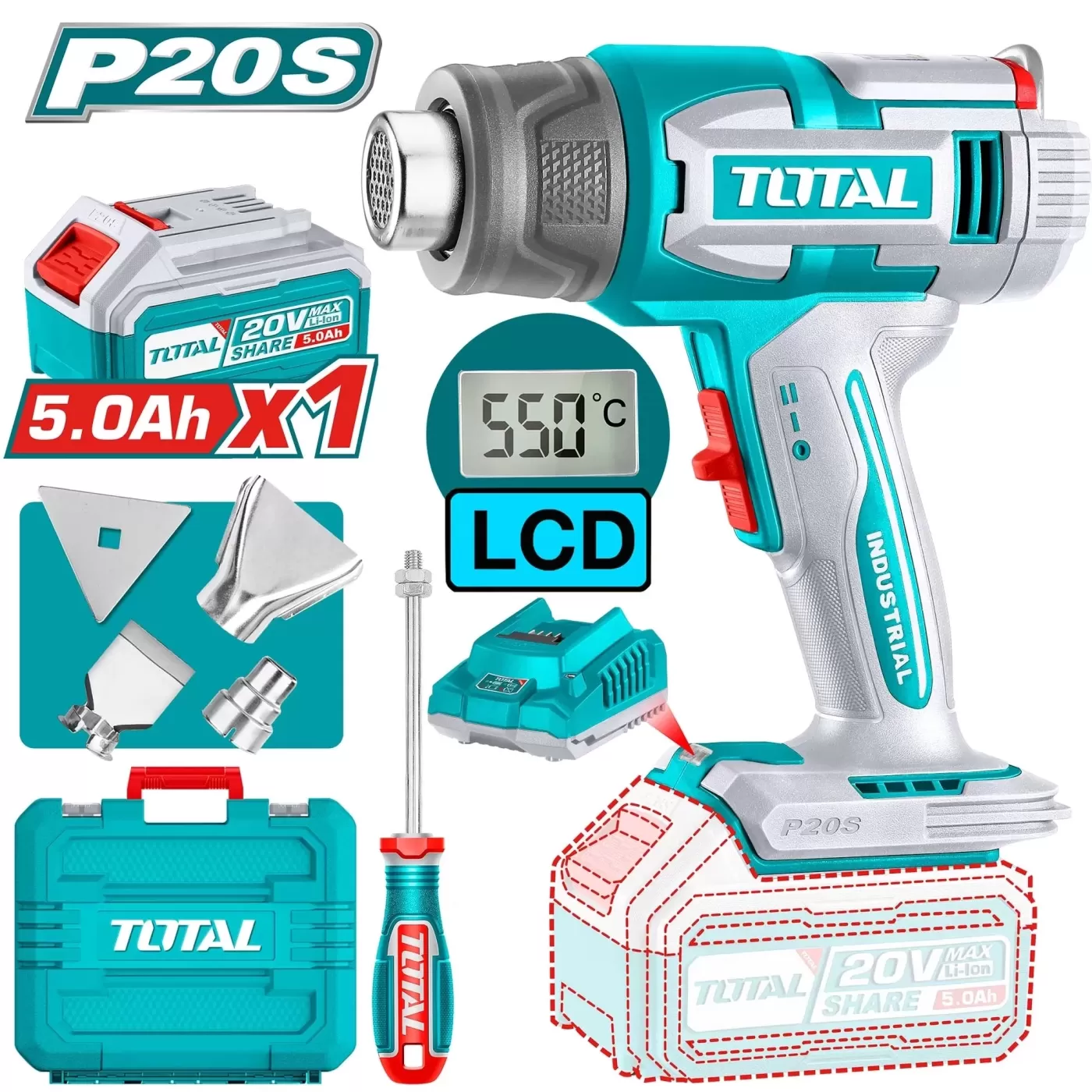 Akkus hőlégfúvó 20V/P20S/ INDUSTRIAL (SET Akkumulátor 1x5Ah, Töltő, Koffer)