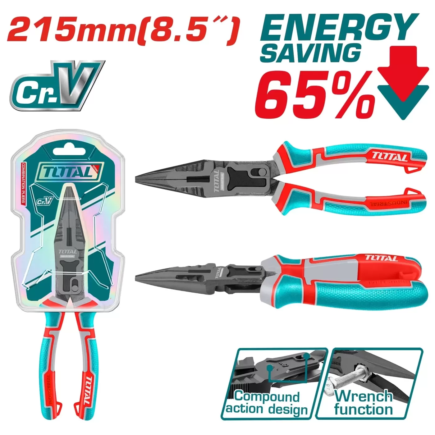Magas erőáttételű csőrös fogó 215 mm / -65%energia / INDUSTRIAL