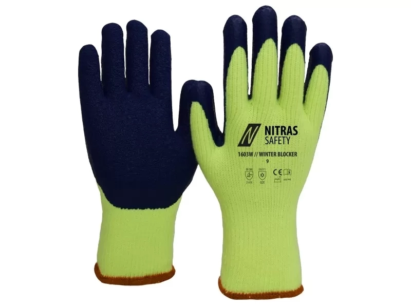 Kötött frotir téli kesztyű, kék latex bevonattal méret:10 (12db/csom)