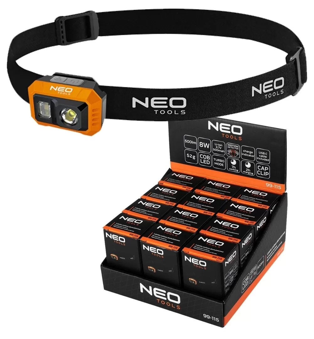 NEO Tools Fejlámpa, tölthető, mozgásérzékelős, 500lum fényerő, COB LED